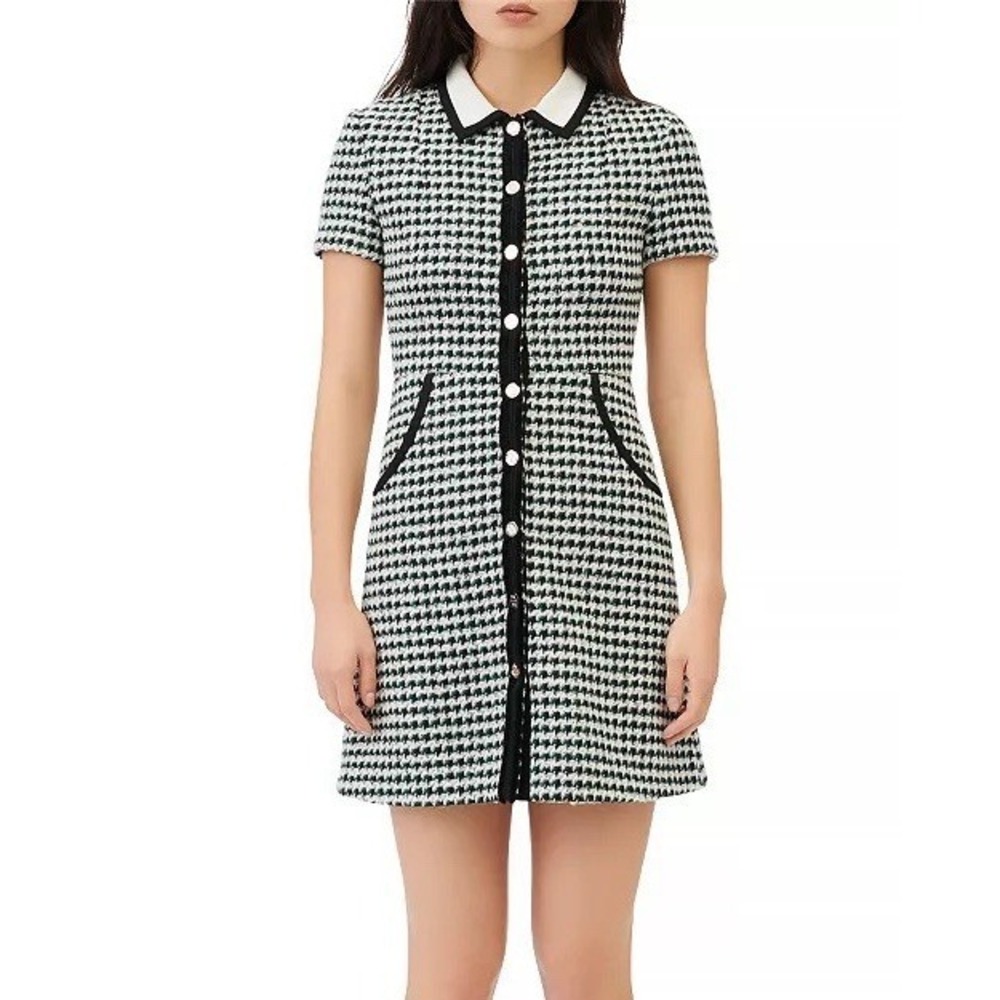 Maje Dress Renaga XS 34‎ Tweed Houndstooth Button Front Collared Paris Chic Mini